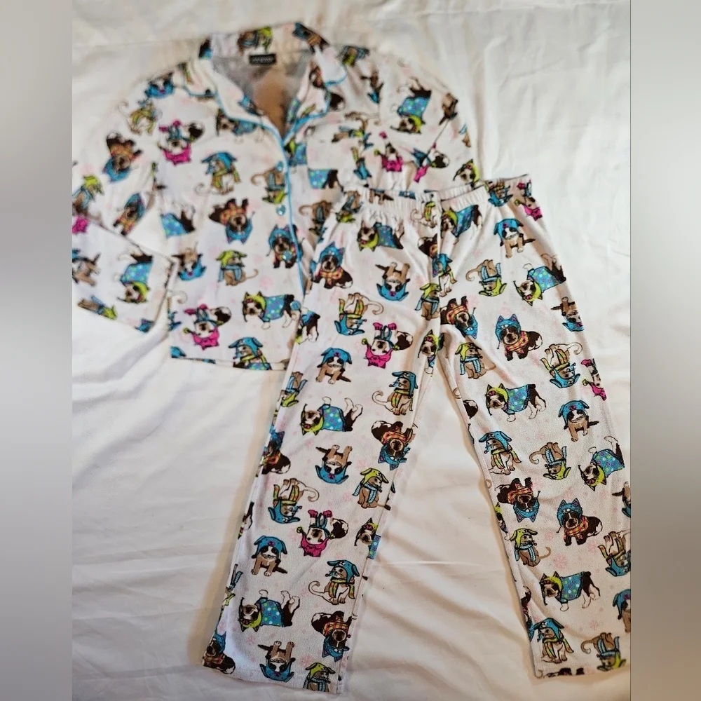 Joe Boxer Girls White W/ Dogs Throughout Long Sleeve Pull On Pajama Set Size M